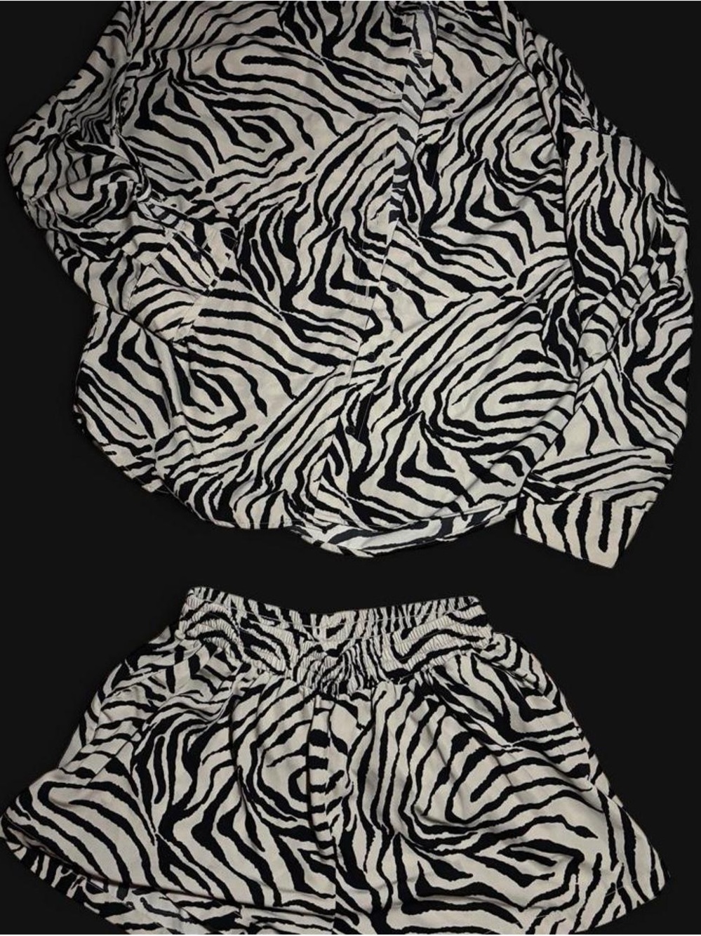 Fashion Nova Matching Zebra-Print Shorts and Button up Set - Black & Crème
